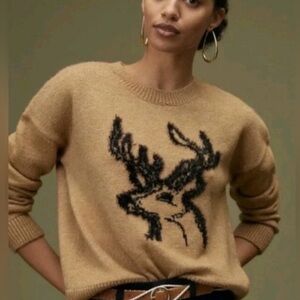 Anthropologie Oh Deer Reindeer Sweater Medium camel cropped pullover black stag